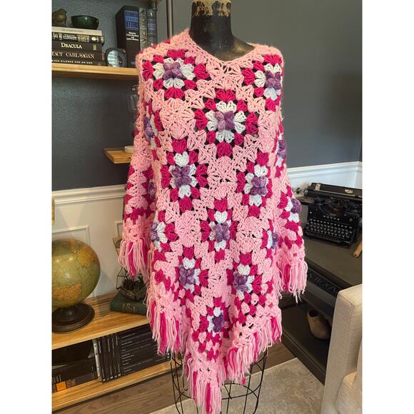 Vintage Pink Crocheted Poncho Sweater, One Size, Granny Style, ~ 220713-MEL 4 - Picture 2 of 7